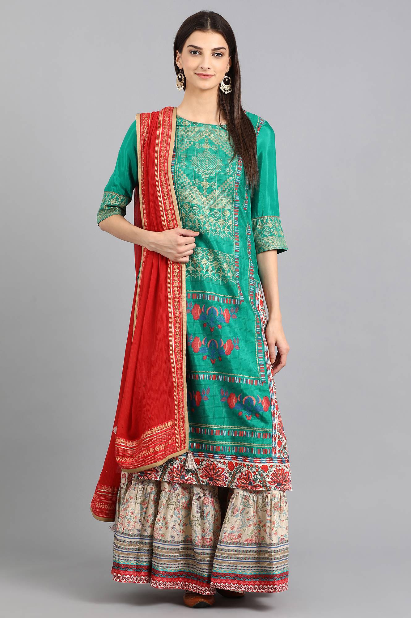 Teal Round Neck Printed kurta