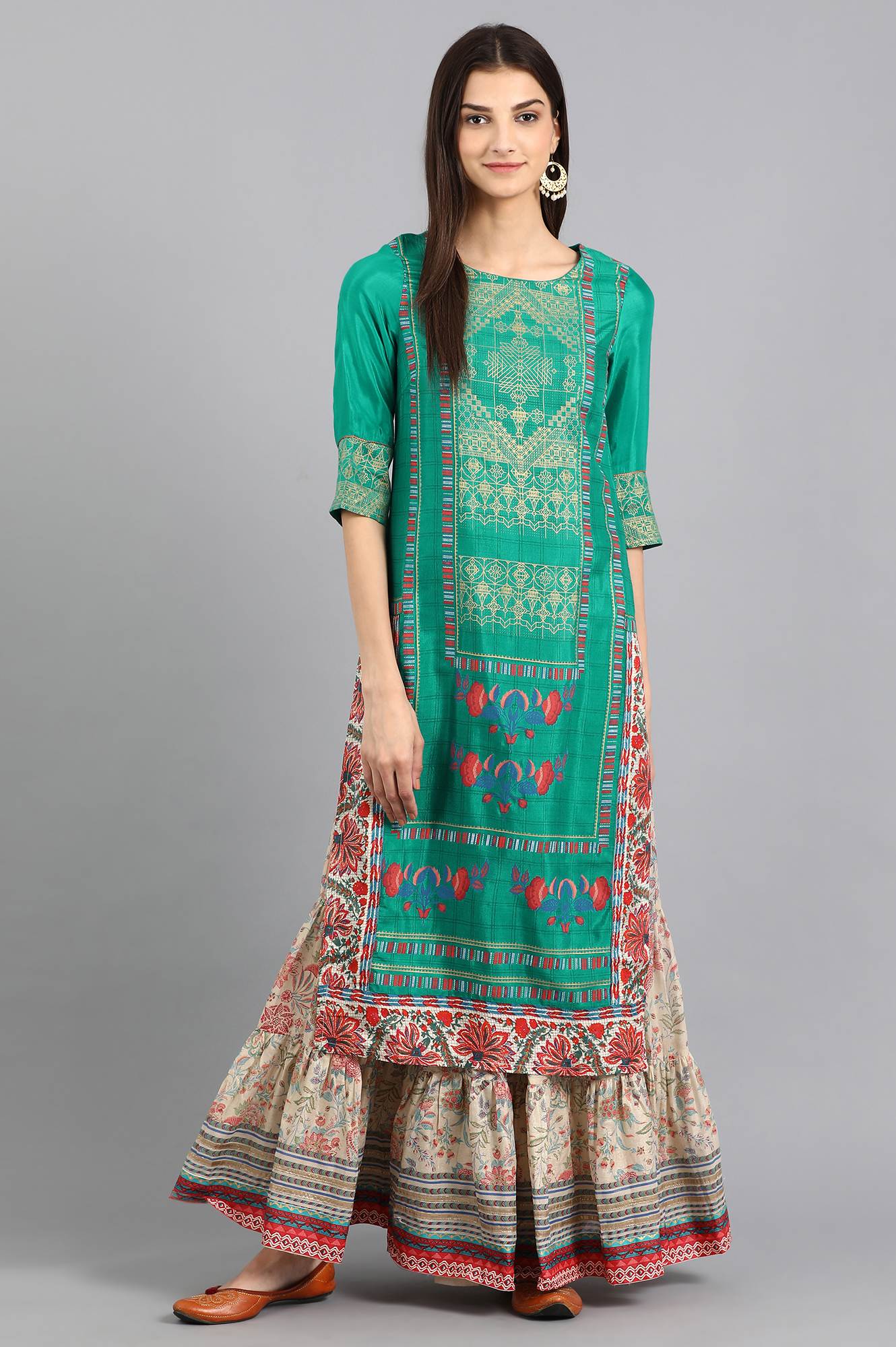 Teal Round Neck Printed kurta