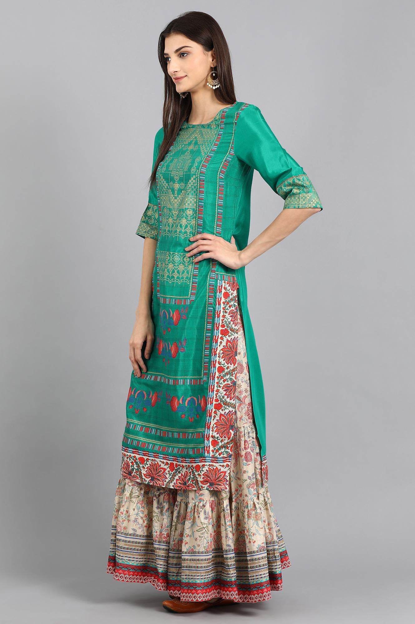 Teal Round Neck Printed kurta