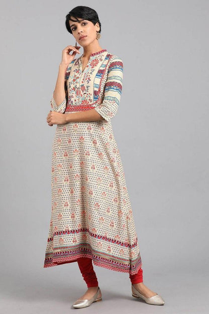 Beige Mandarin Neck Printed kurta - wforwoman