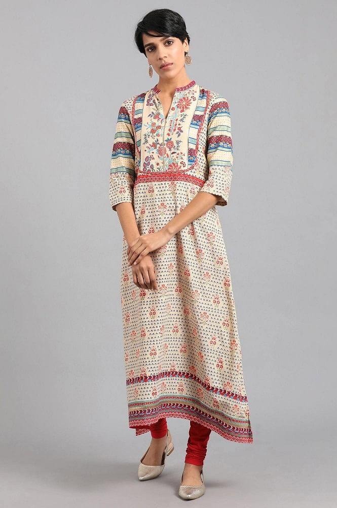 Beige Mandarin Neck Printed kurta - wforwoman