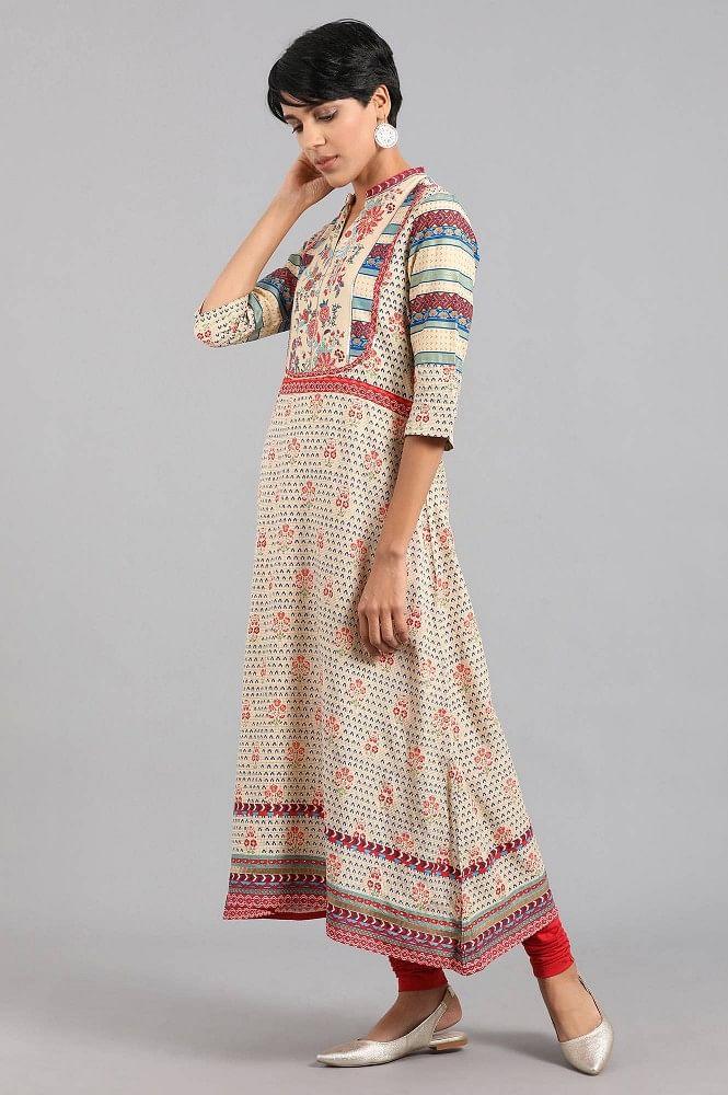 Beige Mandarin Neck Printed kurta - wforwoman