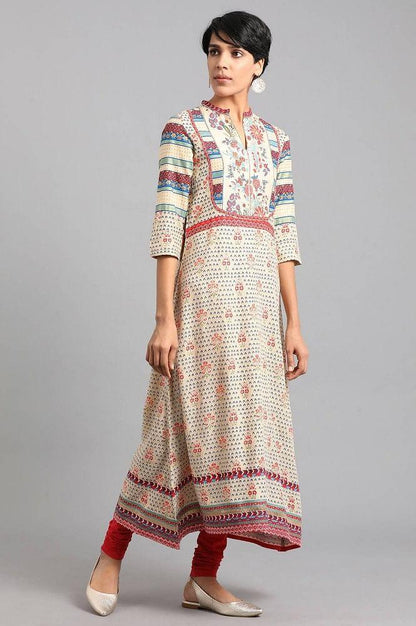 Beige Mandarin Neck Printed kurta - wforwoman