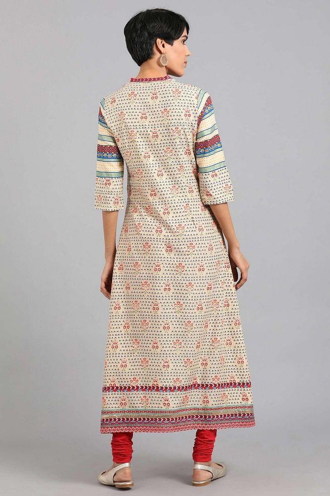 Beige Mandarin Neck Printed kurta - wforwoman