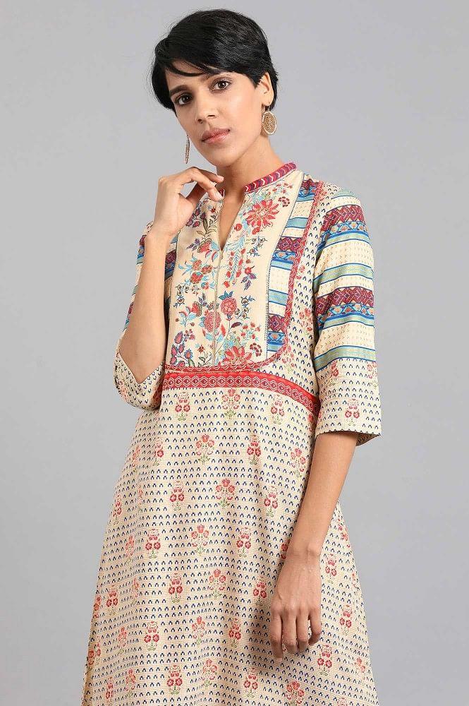 Beige Mandarin Neck Printed kurta - wforwoman