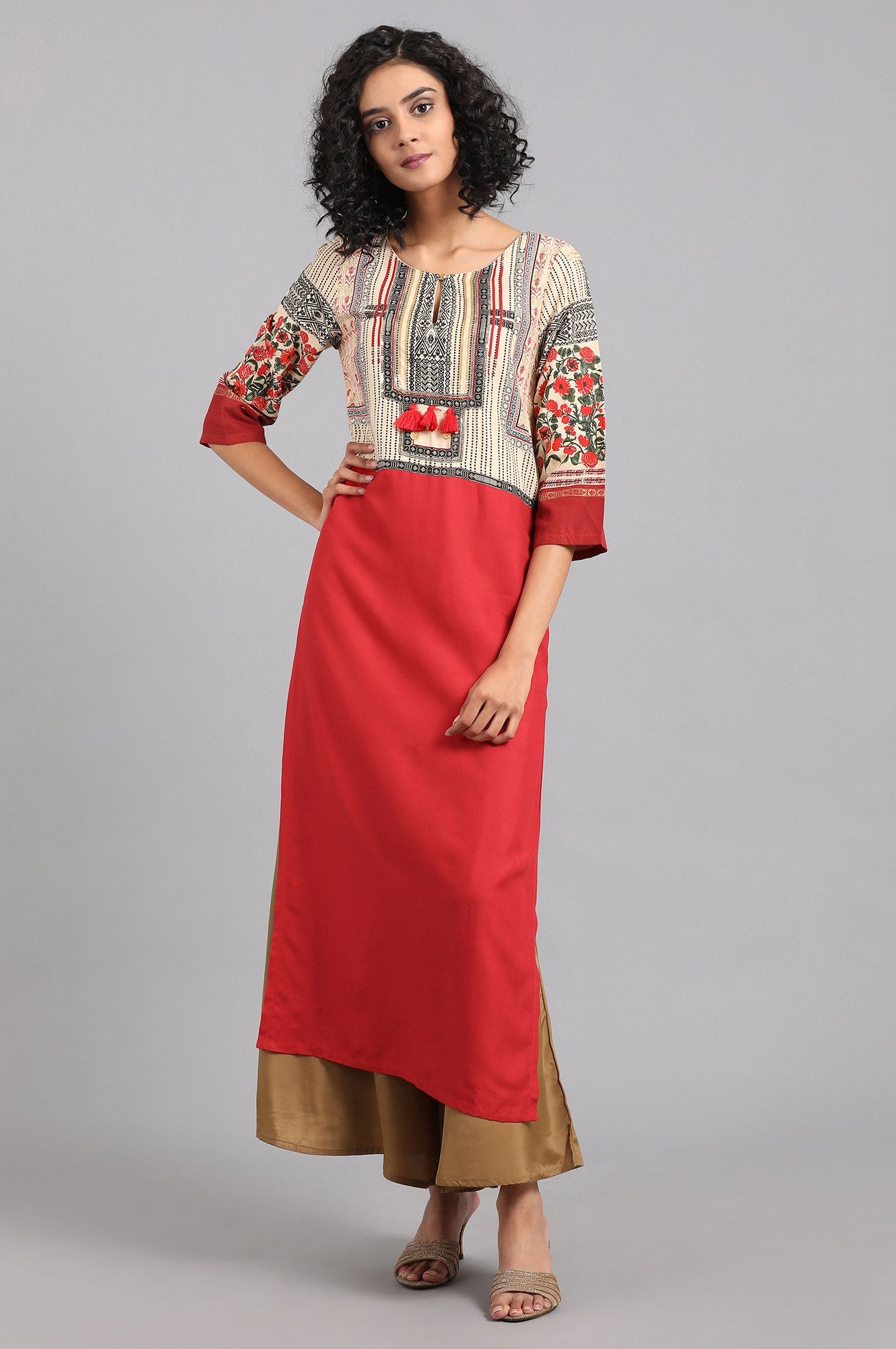 Red Round Neck Printed kurta