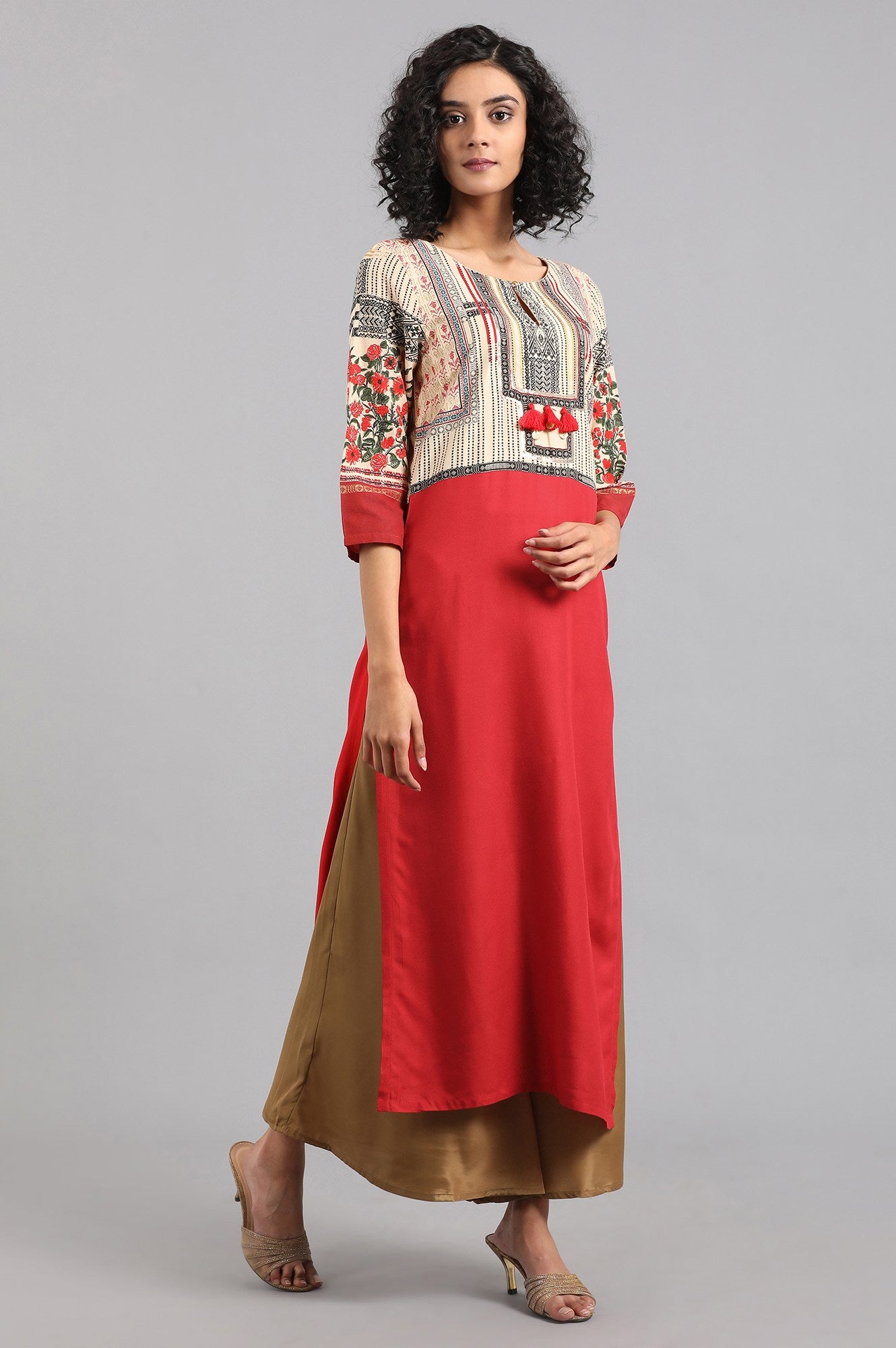 Red Round Neck Printed kurta