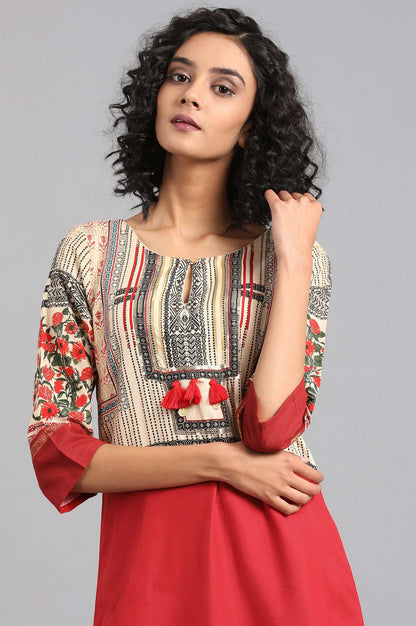 Red Round Neck Printed kurta