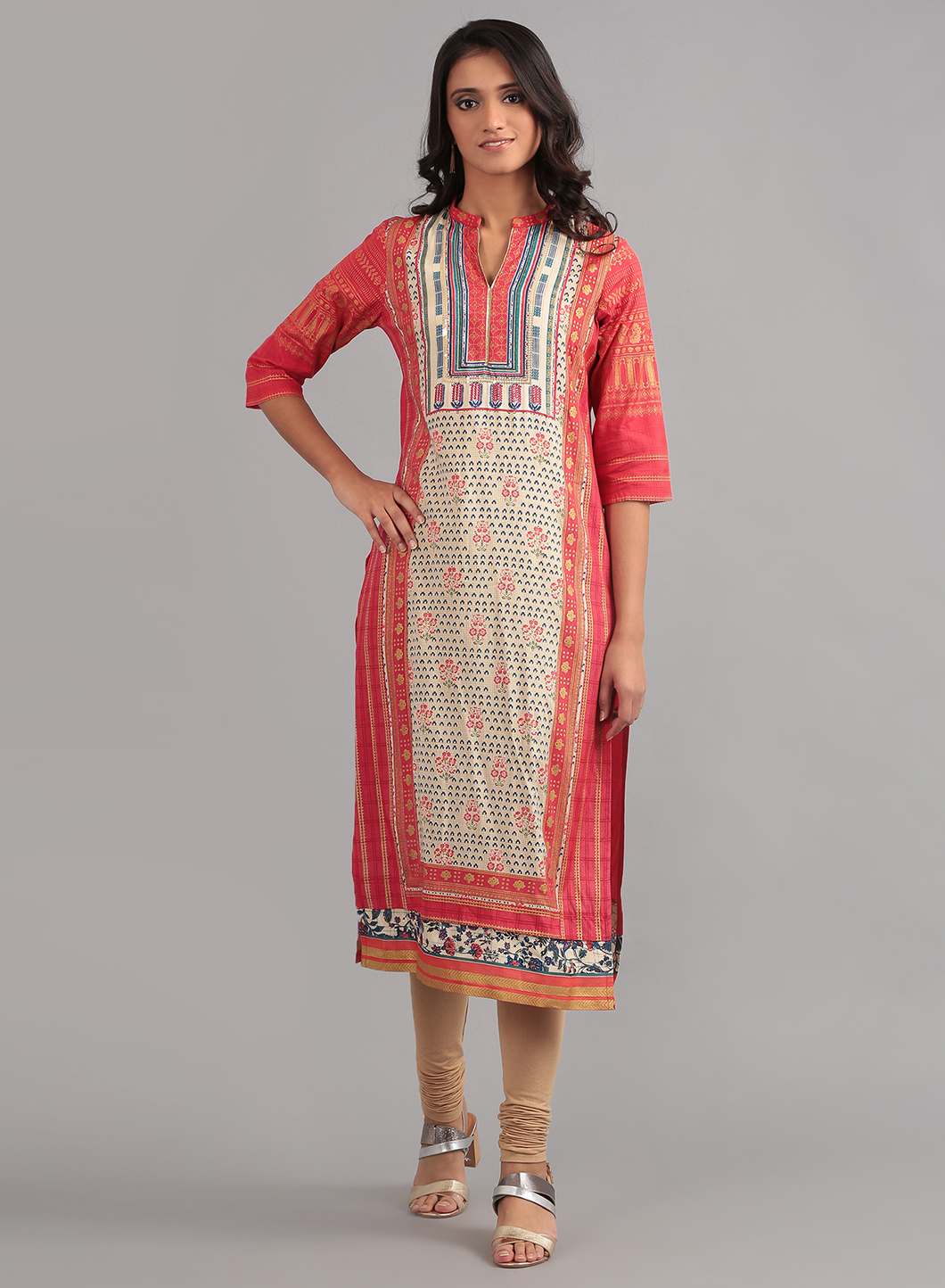 Red Mandarin Neck Printed kurta