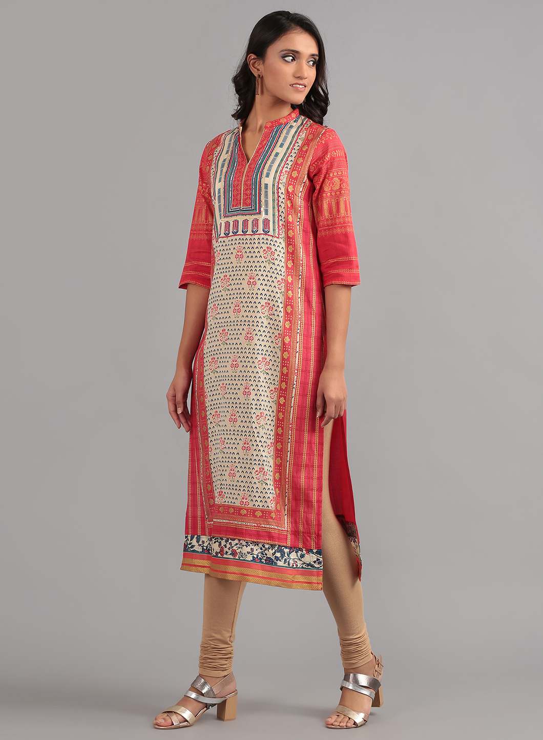 Red Mandarin Neck Printed kurta