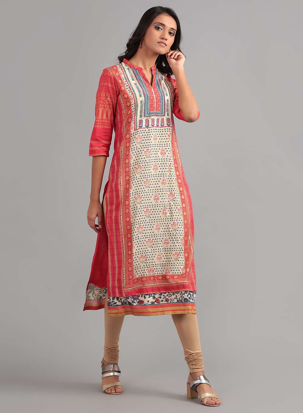 Red Mandarin Neck Printed kurta