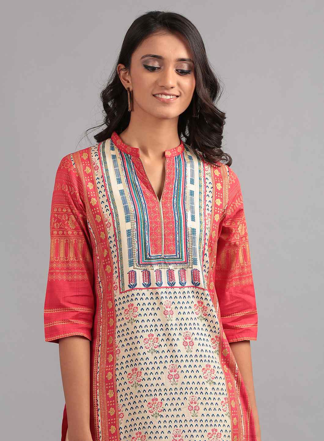 Red Mandarin Neck Printed kurta