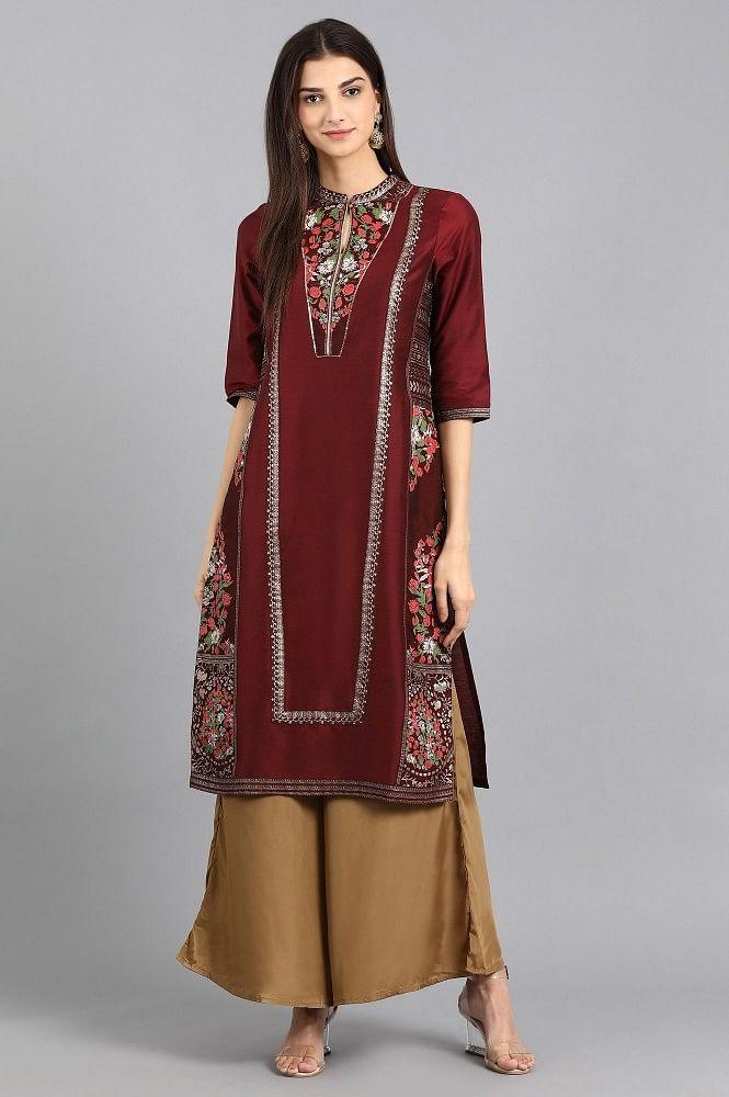 Brown Mandarin Neck Embellished kurta - wforwoman