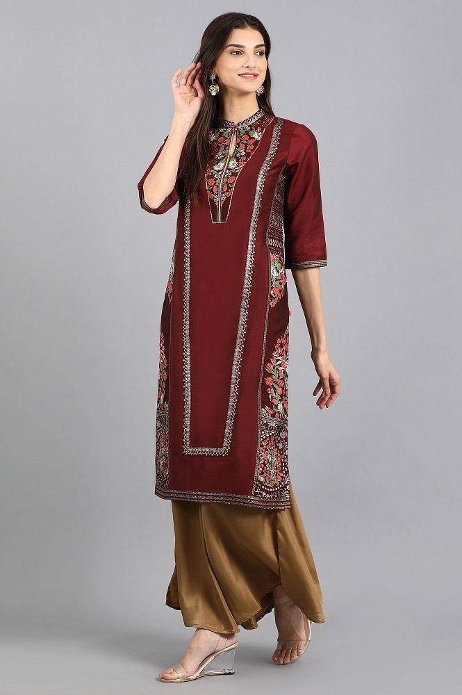 Brown Mandarin Neck Embellished kurta - wforwoman