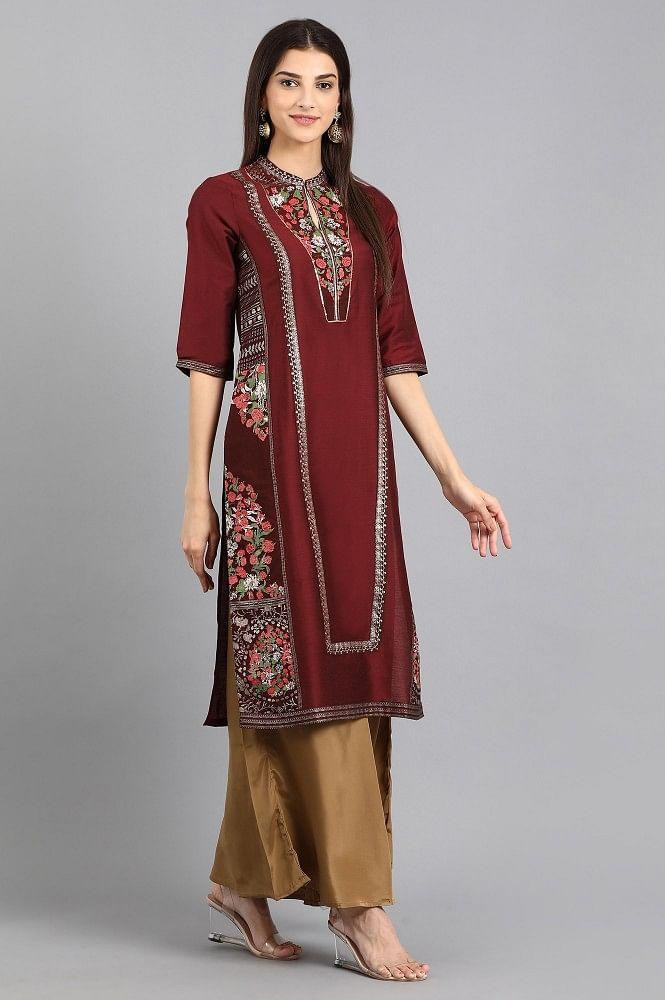 Brown Mandarin Neck Embellished kurta - wforwoman