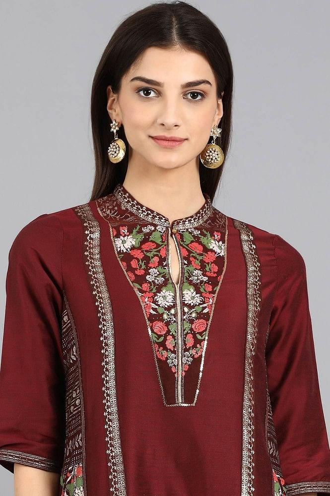 Brown Mandarin Neck Embellished kurta - wforwoman