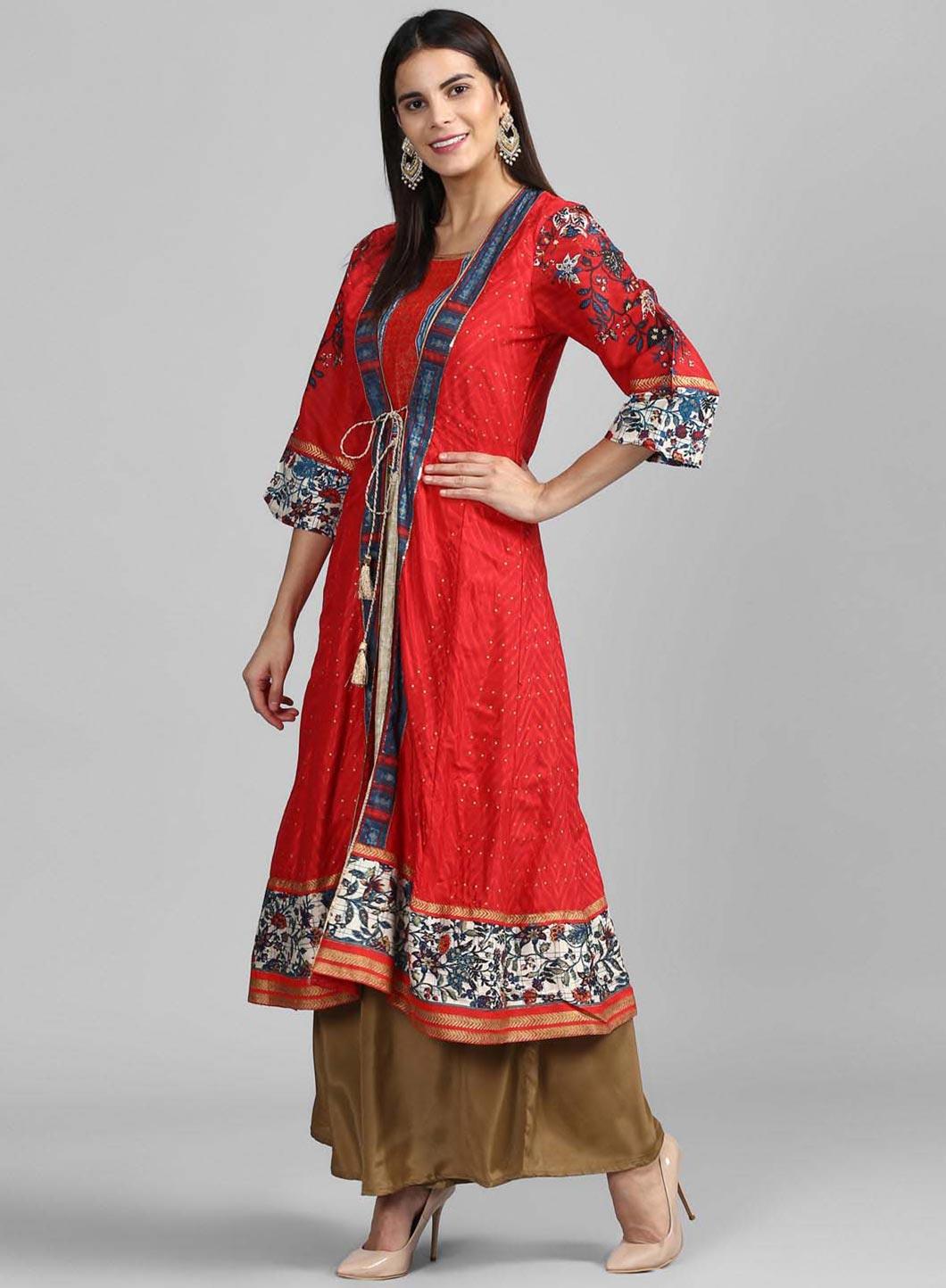 Red Open Front Printed kurta - wforwoman