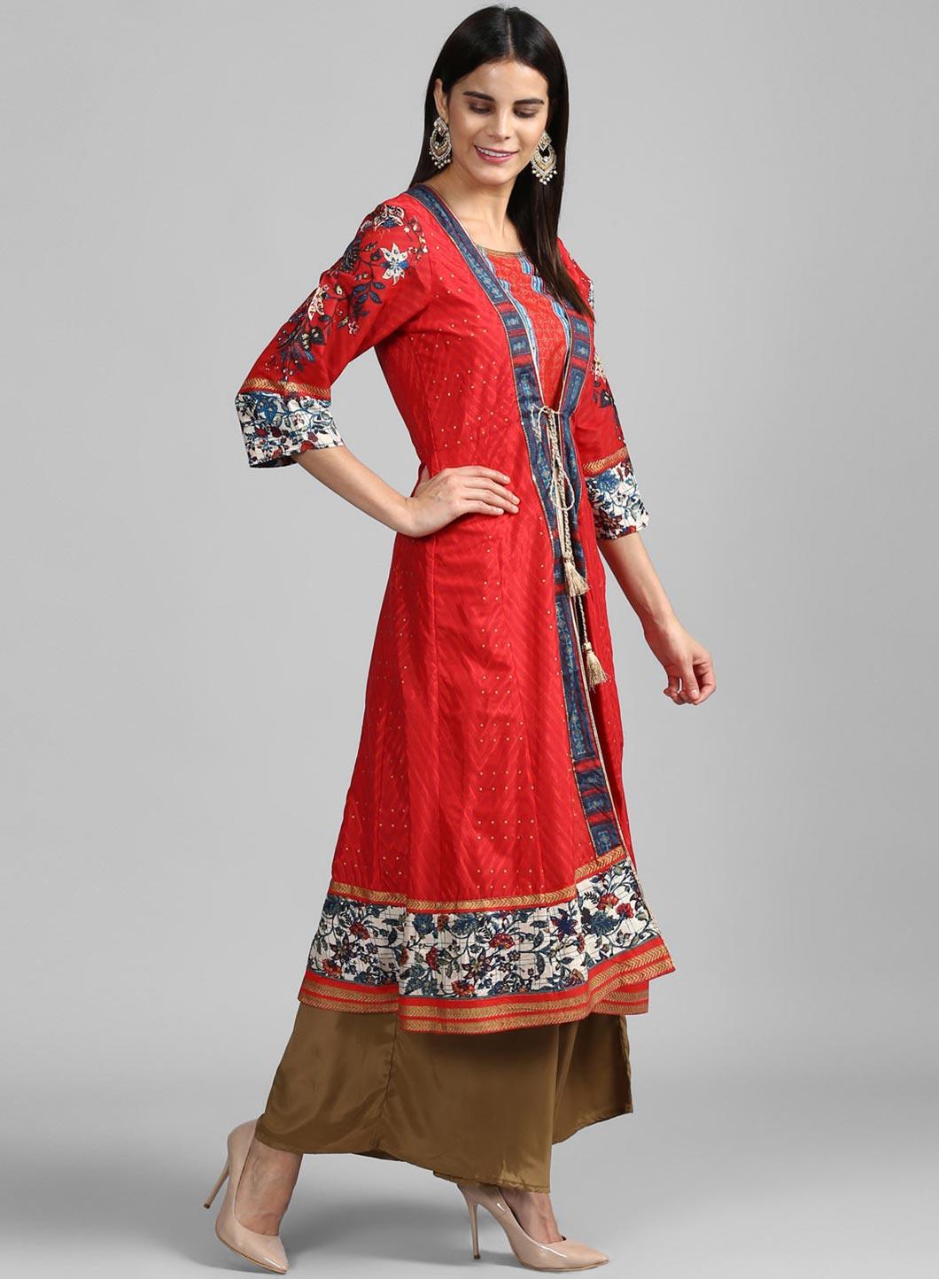 Red Open Front Printed kurta - wforwoman