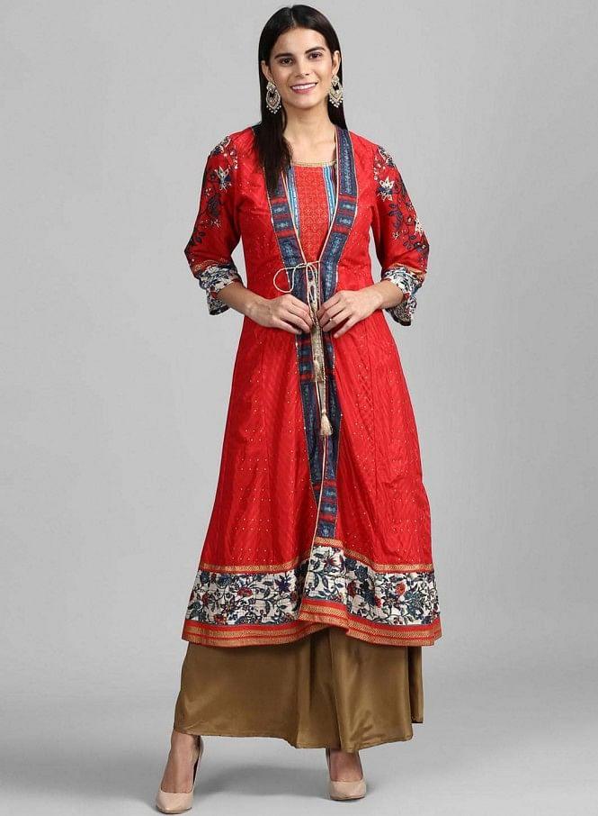 Red Open Front Printed kurta - wforwoman