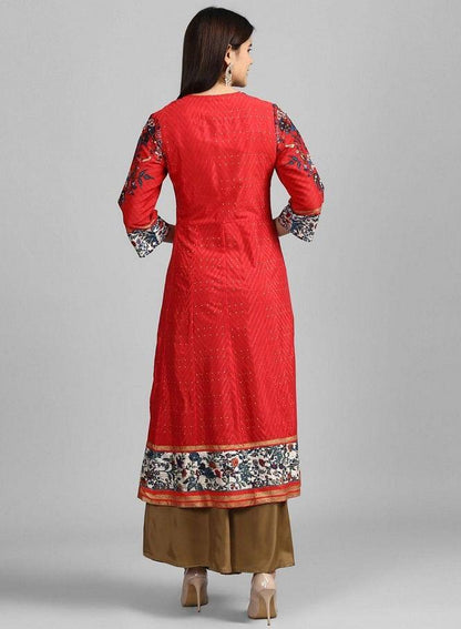 Red Open Front Printed kurta - wforwoman