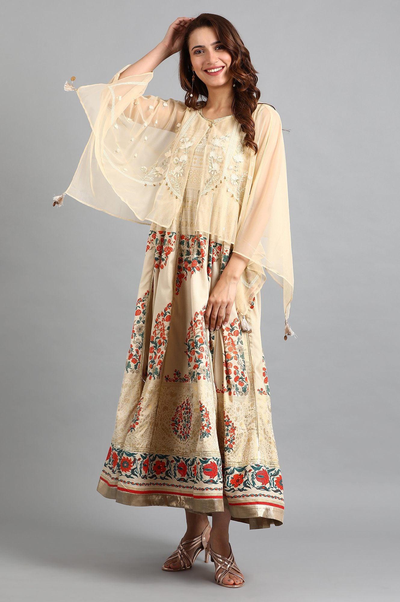 Beige Round Neck Cape Sleeve kurta - wforwoman