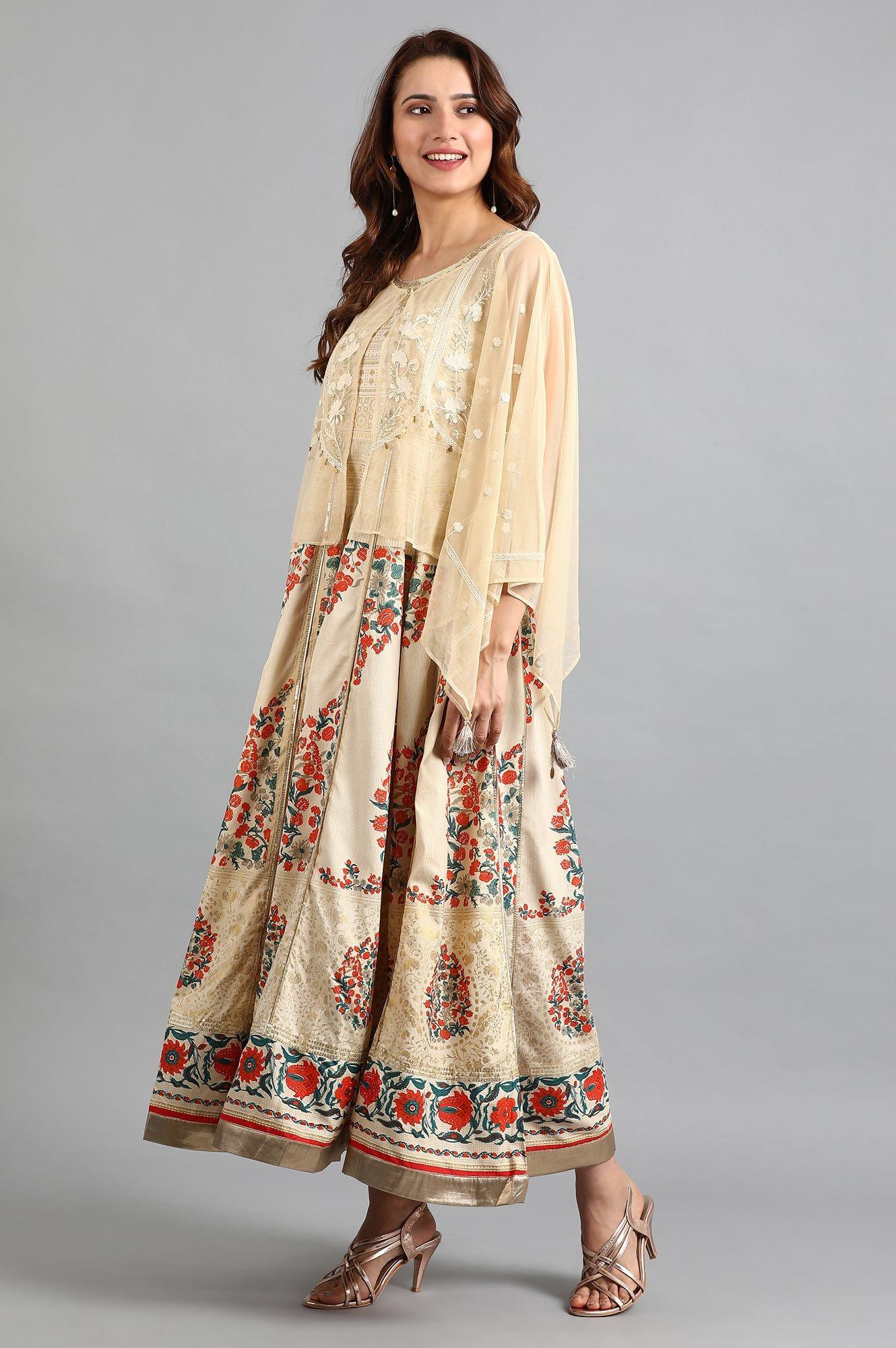 Beige Round Neck Cape Sleeve kurta - wforwoman