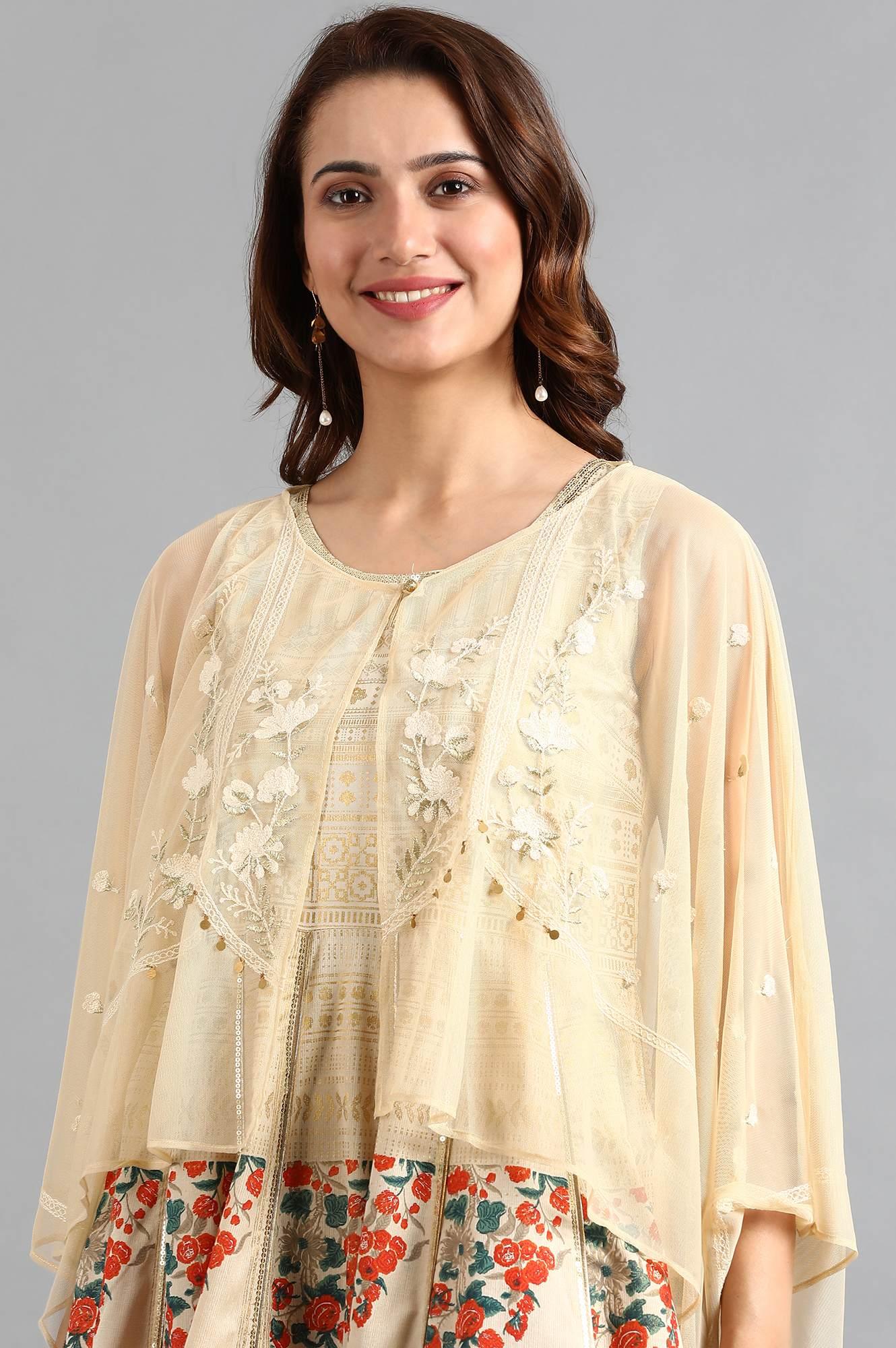 Beige Round Neck Cape Sleeve kurta - wforwoman