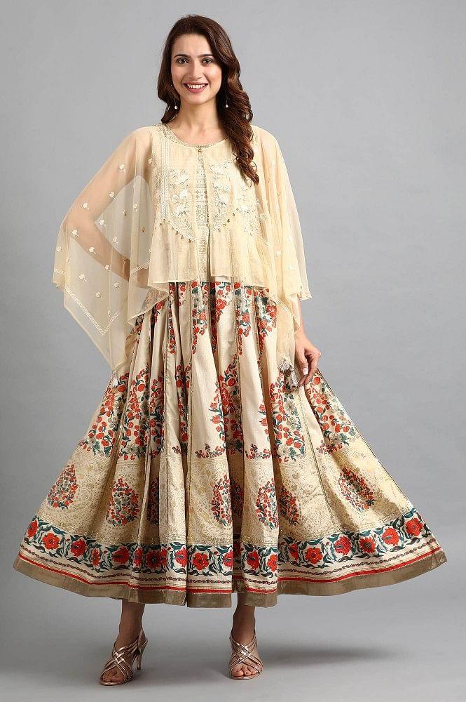 Beige Round Neck Cape Sleeve kurta - wforwoman