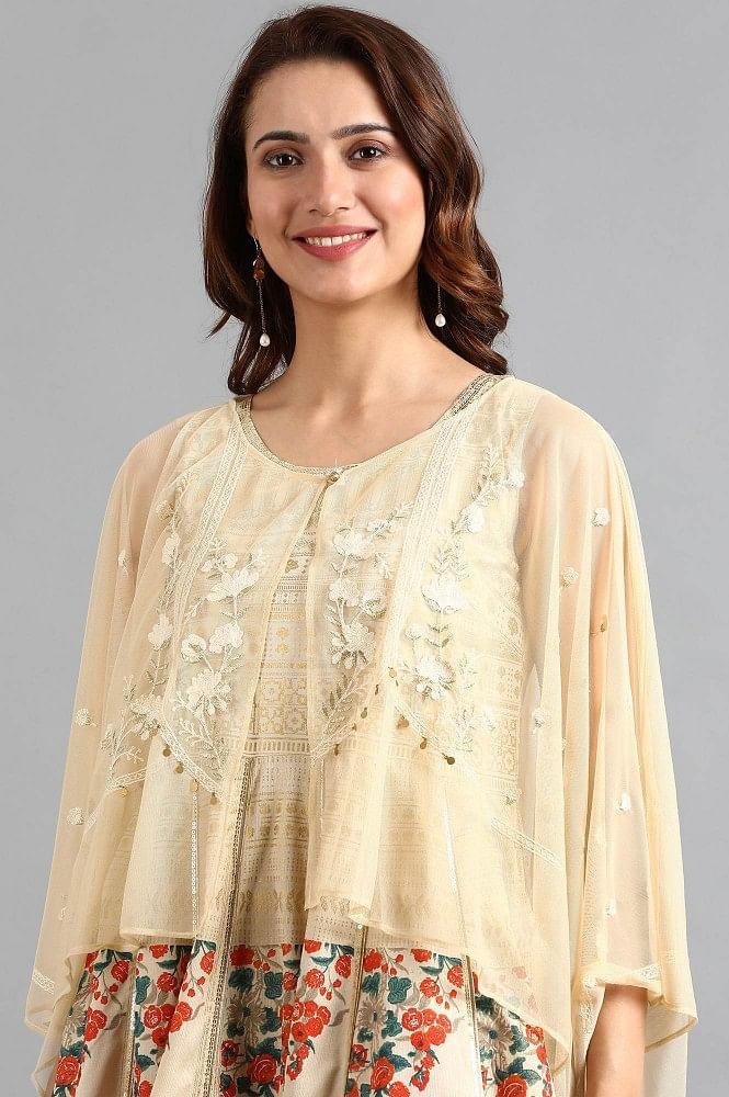 Beige Round Neck Cape Sleeve kurta - wforwoman