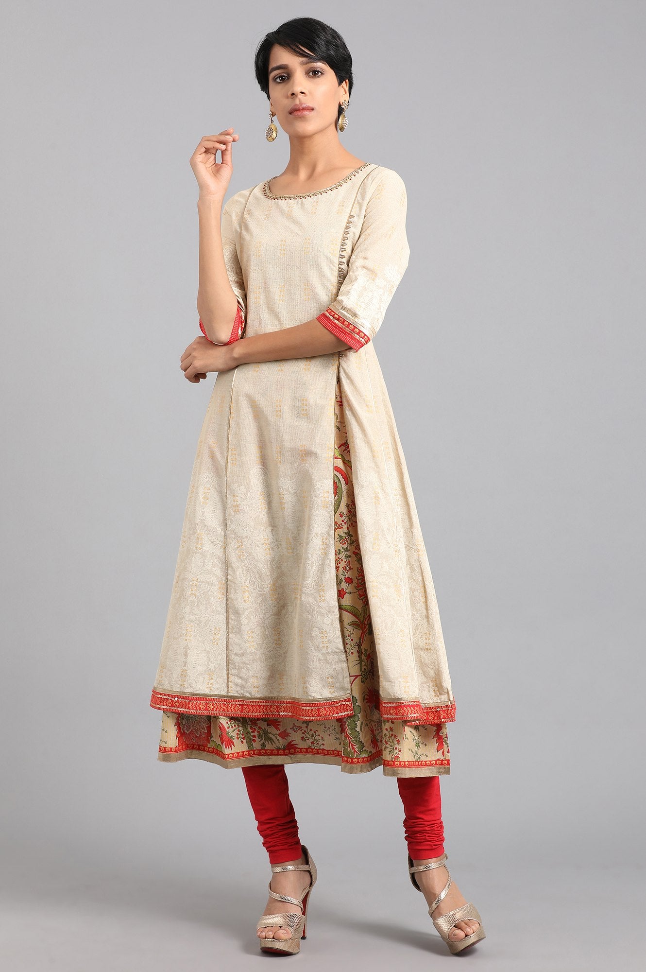 Beige Round Neck Printed kurta