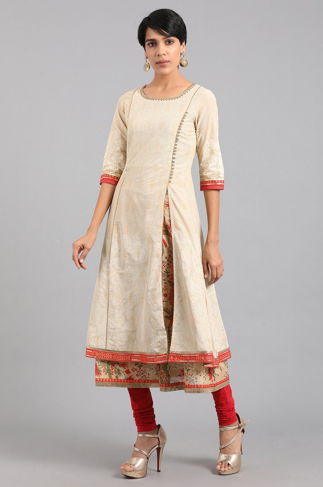 Beige Round Neck Printed kurta