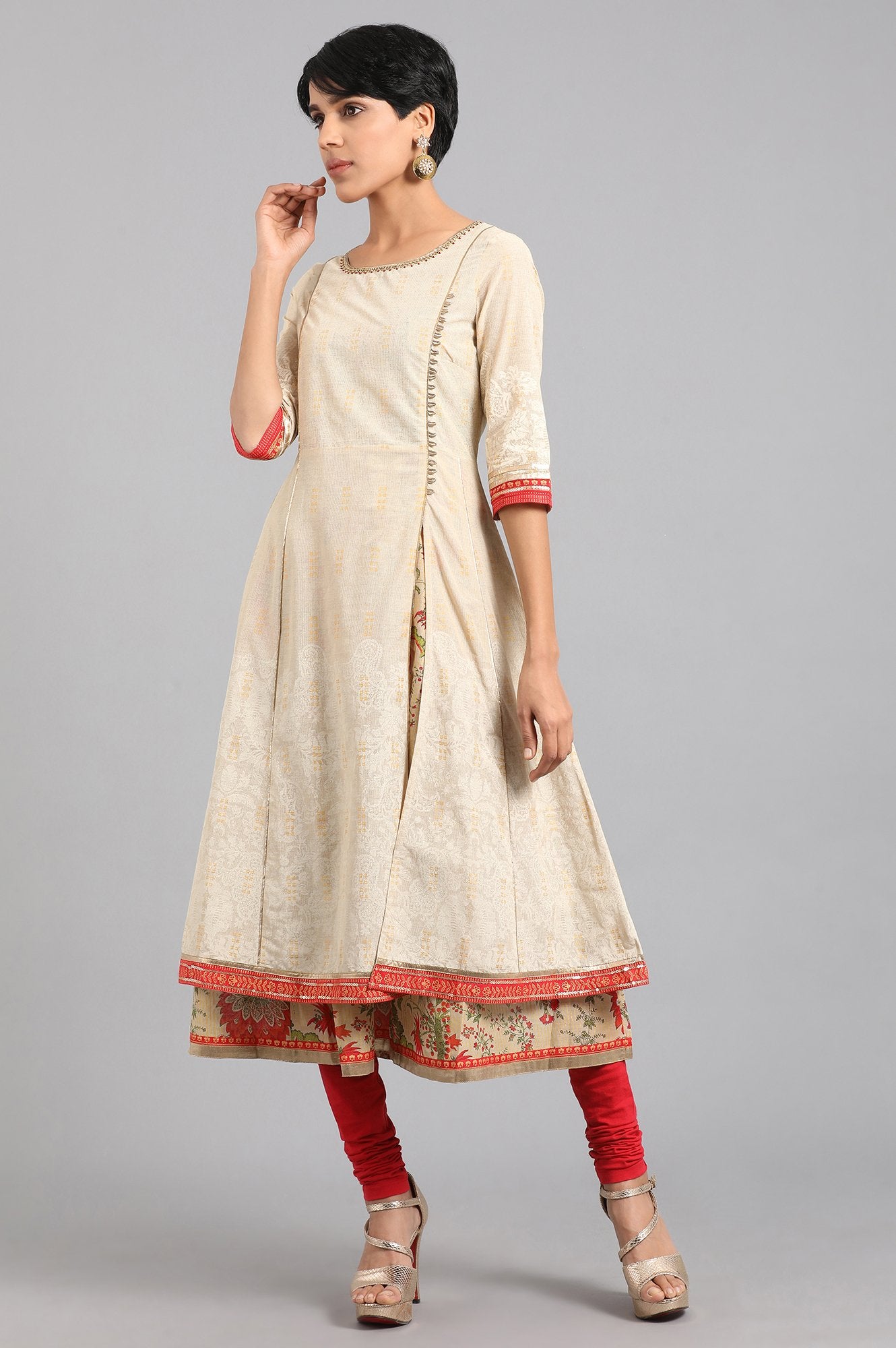 Beige Round Neck Printed kurta