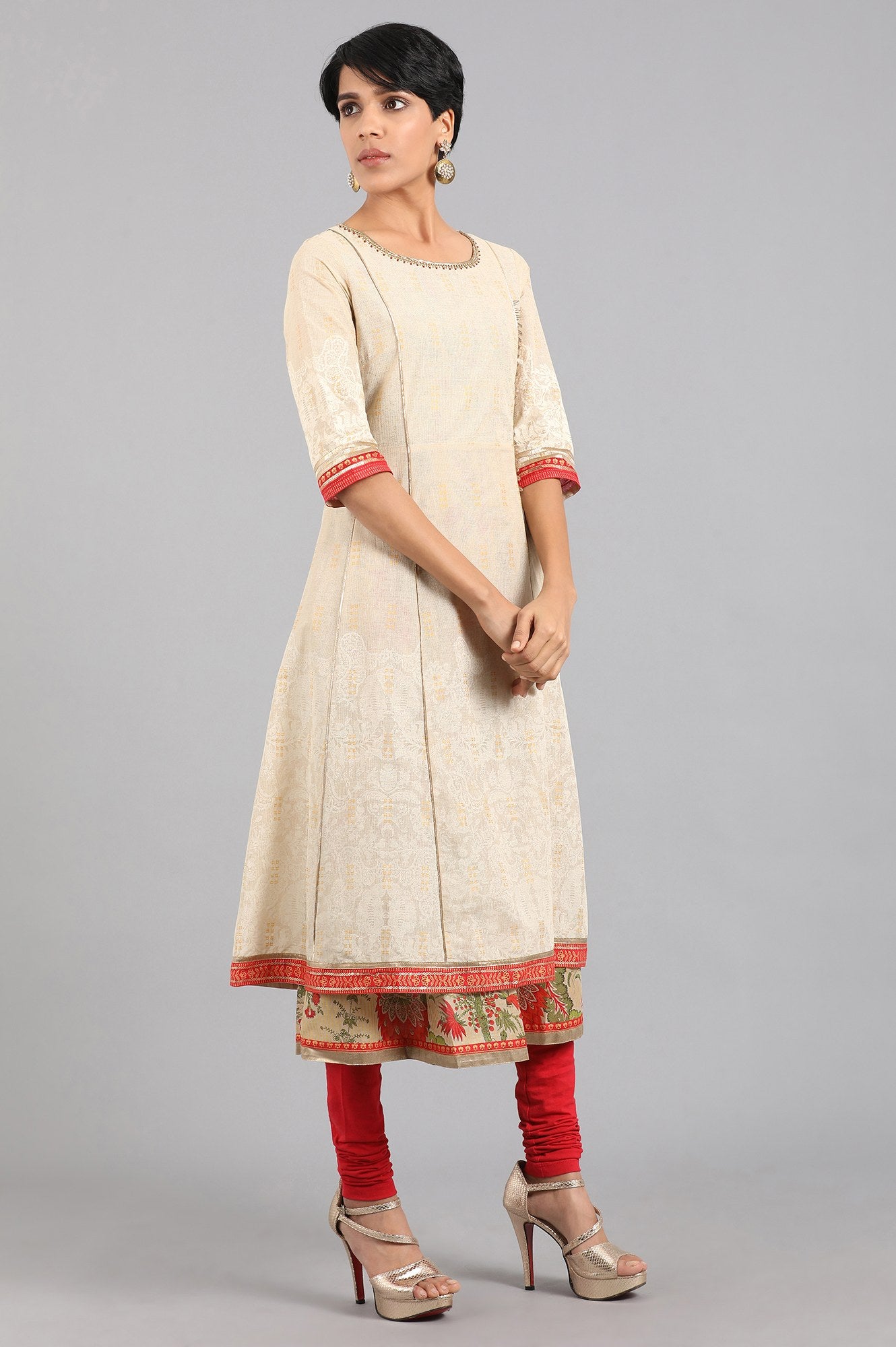 Beige Round Neck Printed kurta