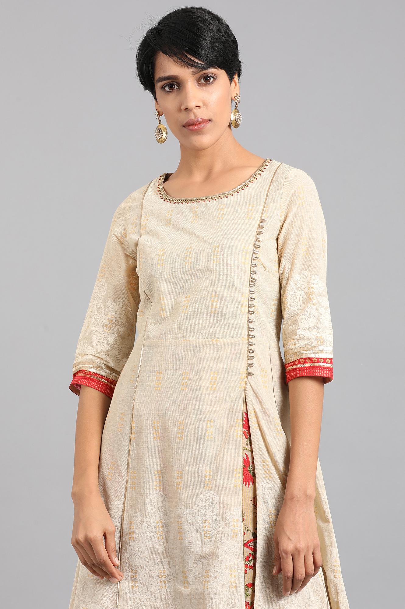 Beige Round Neck Printed kurta