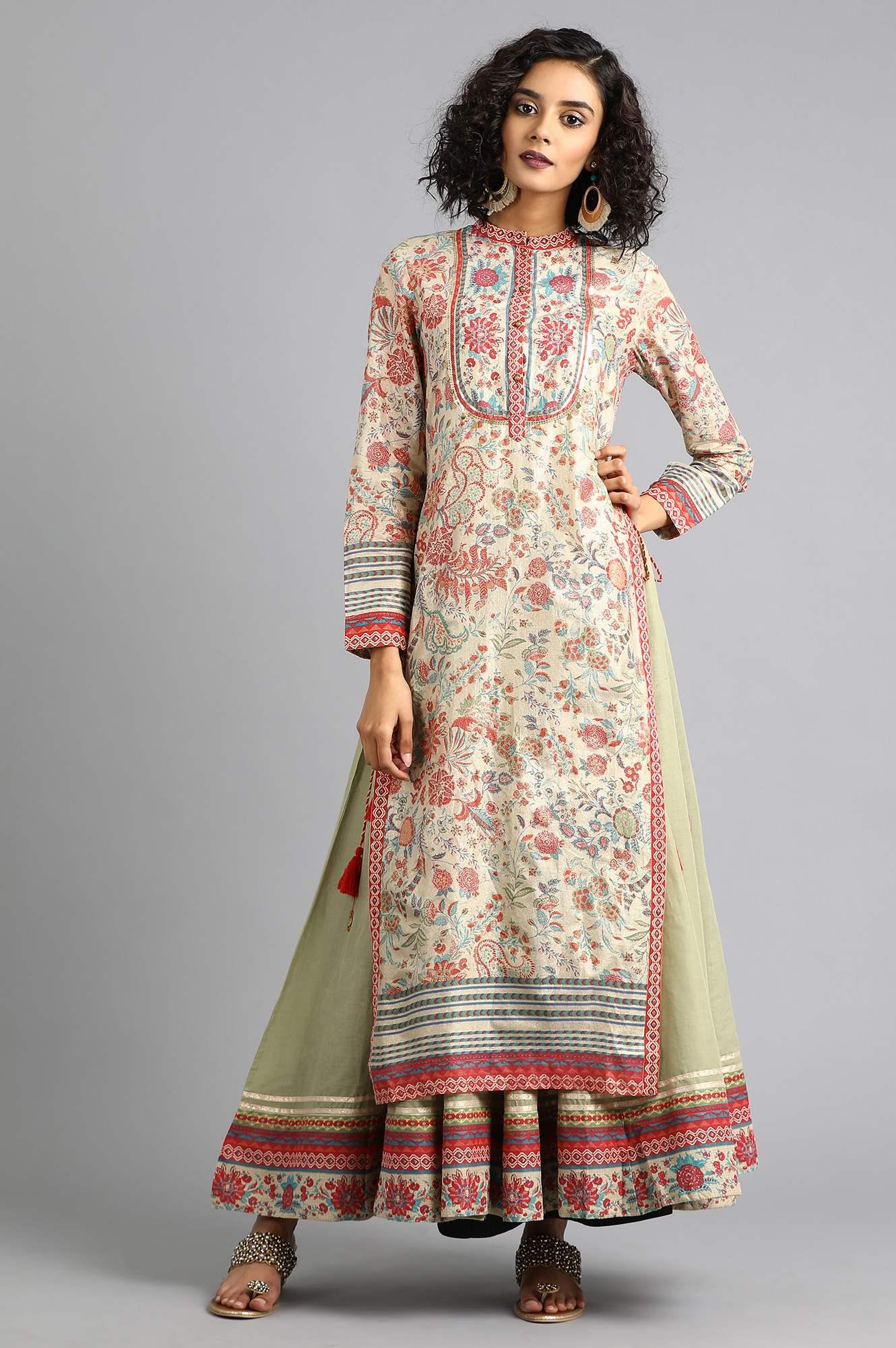 Beige Mandarin Neck Printed Layered kurta Dress - wforwoman