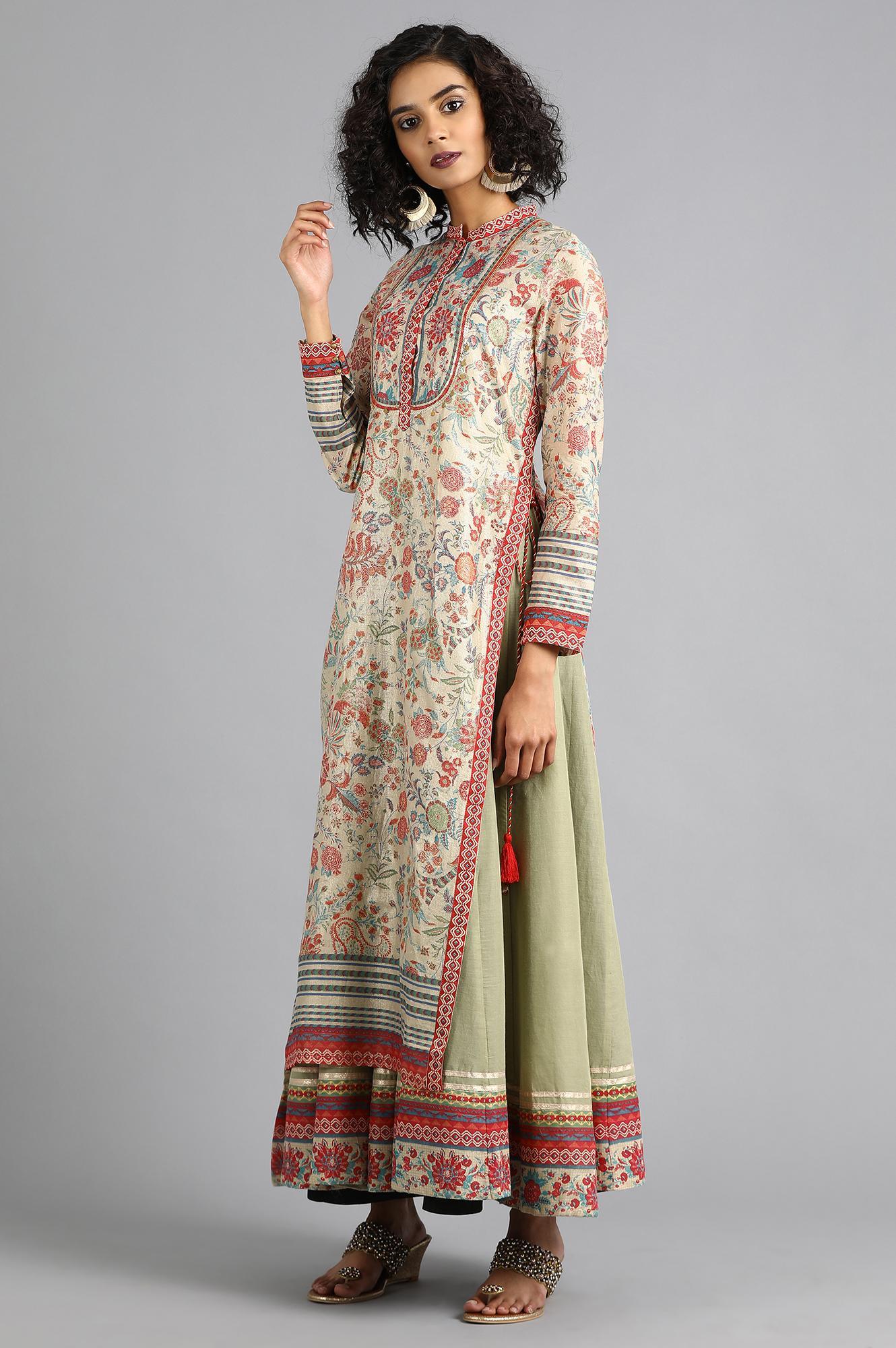 Beige Mandarin Neck Printed Layered kurta Dress - wforwoman