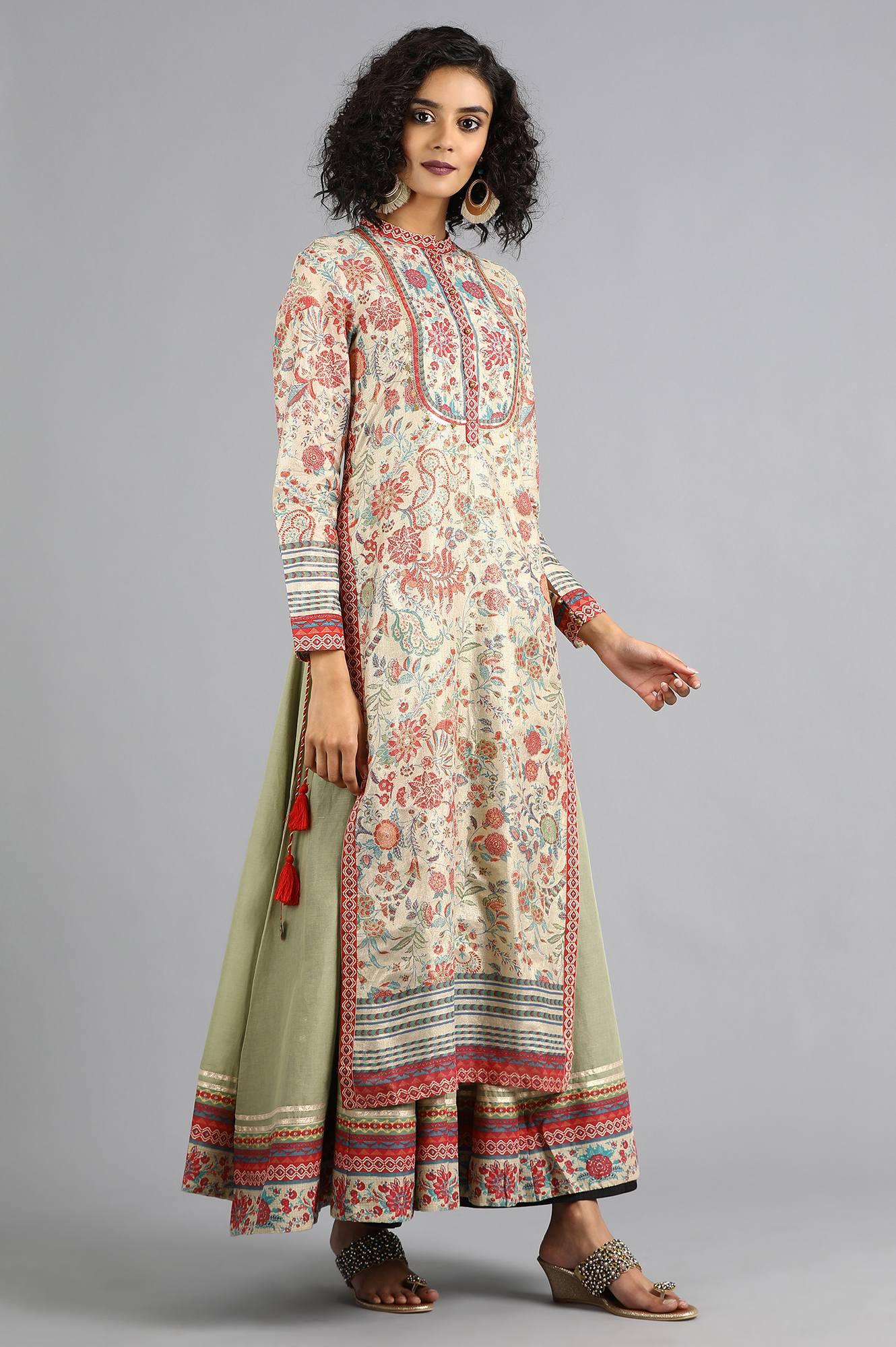 Beige Mandarin Neck Printed Layered kurta Dress - wforwoman