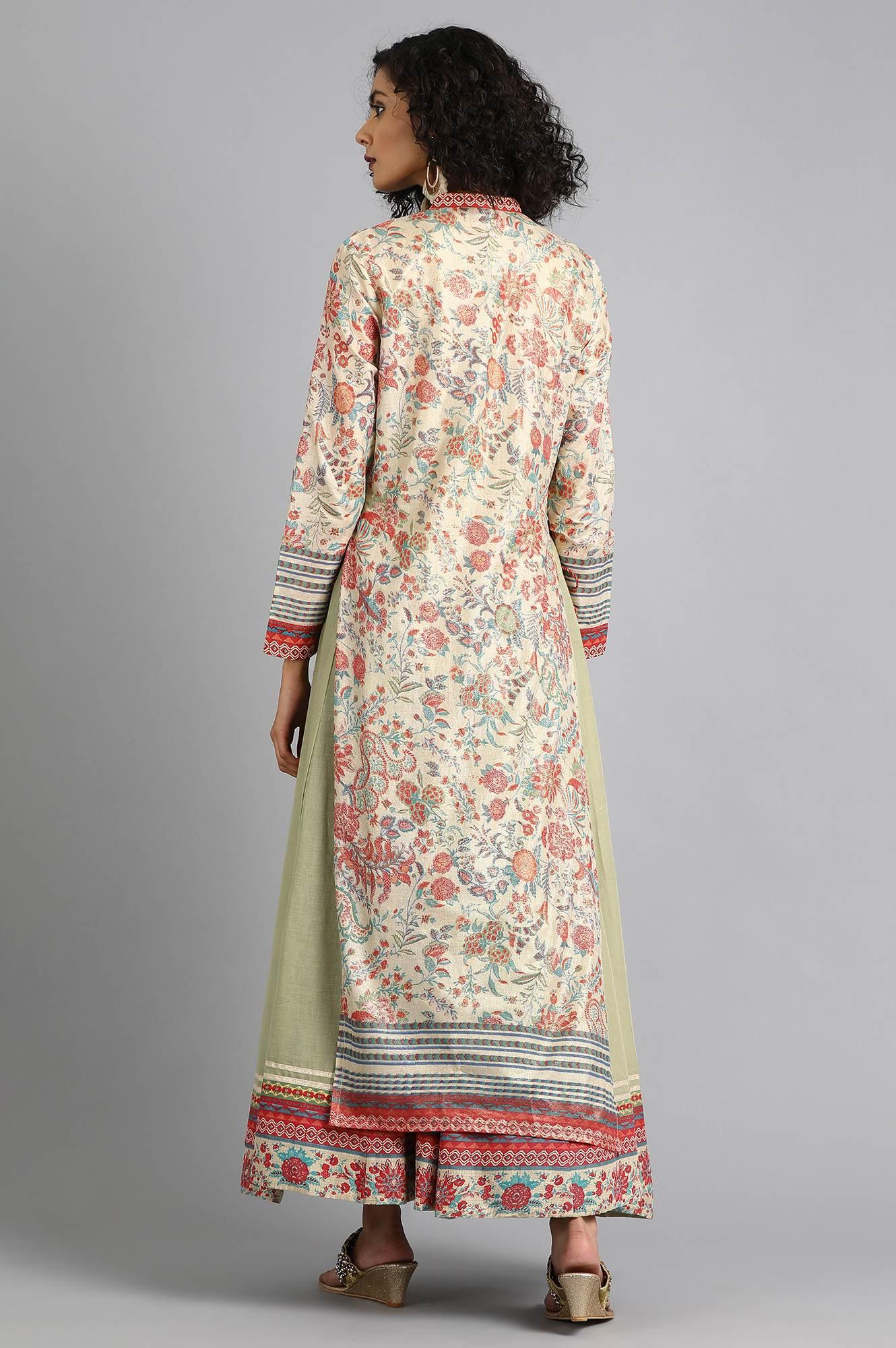 Beige Mandarin Neck Printed Layered kurta Dress - wforwoman