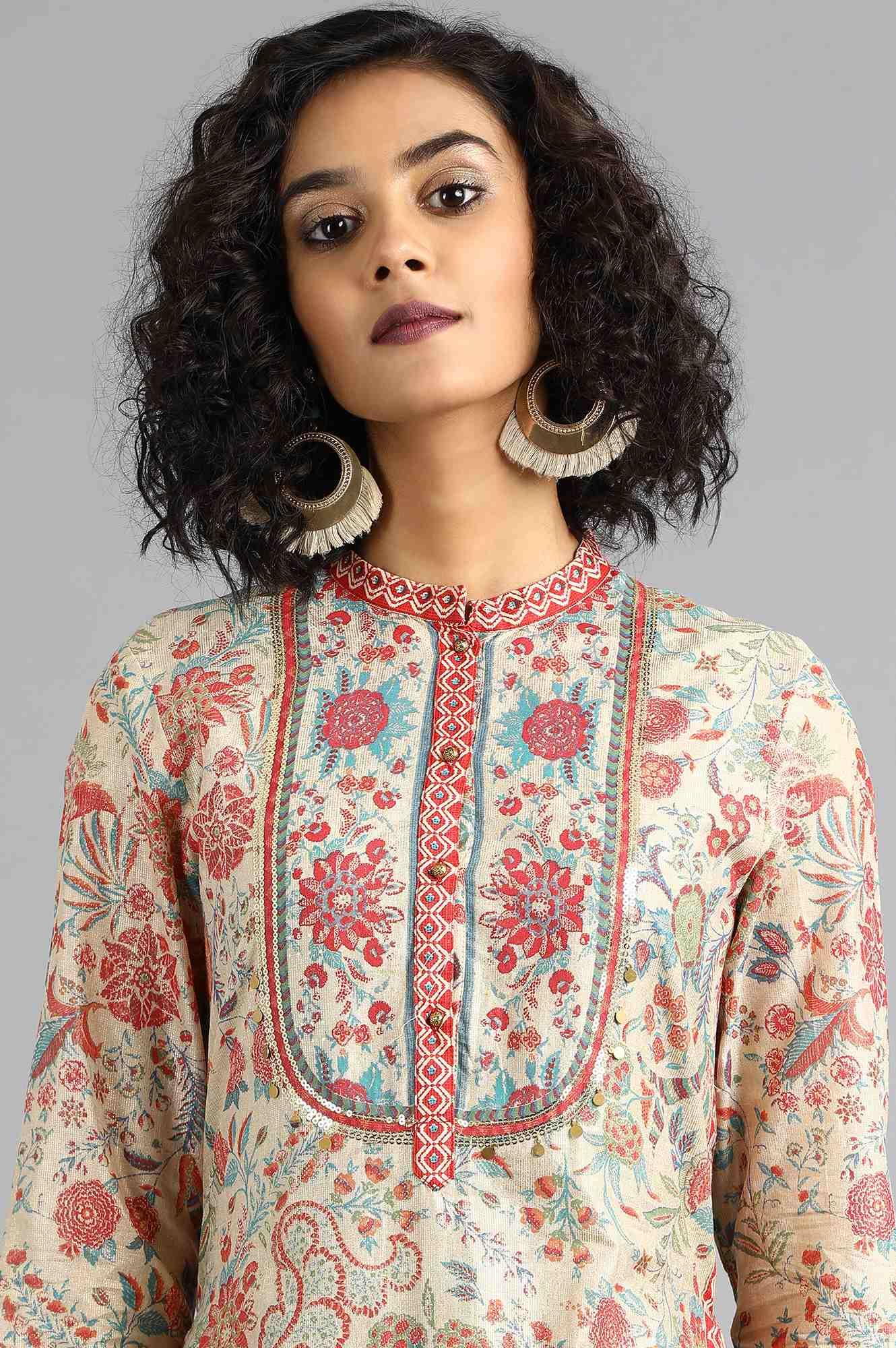 Beige Mandarin Neck Printed Layered kurta Dress - wforwoman