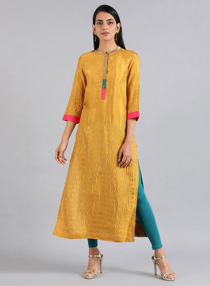 Yellow Mandarin Neck Kaleido kurta - wforwoman