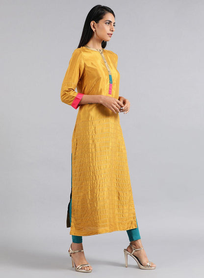 Yellow Mandarin Neck Kaleido kurta - wforwoman