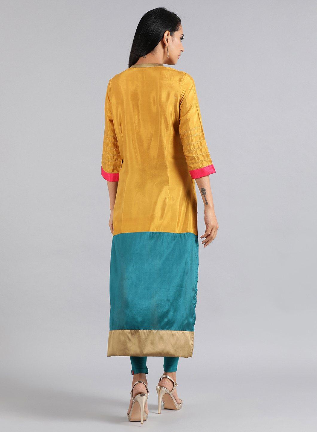 Yellow Mandarin Neck Kaleido kurta - wforwoman