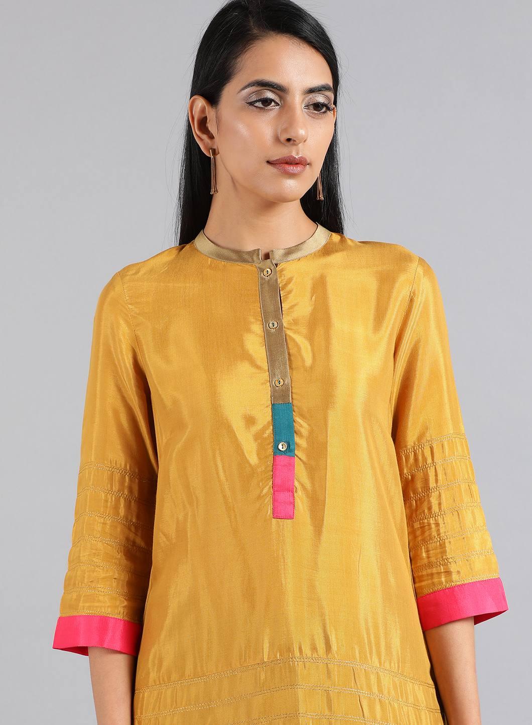 Yellow Mandarin Neck Kaleido kurta - wforwoman