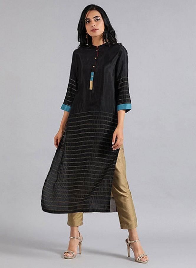 Black Mandarin Neck Kaleido kurta - wforwoman