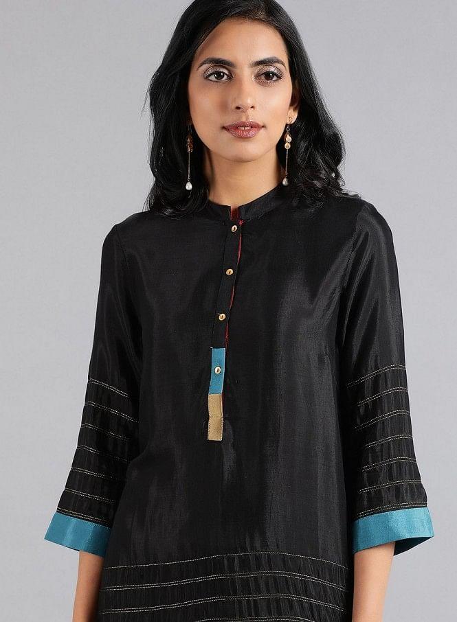 Black Mandarin Neck Kaleido kurta - wforwoman