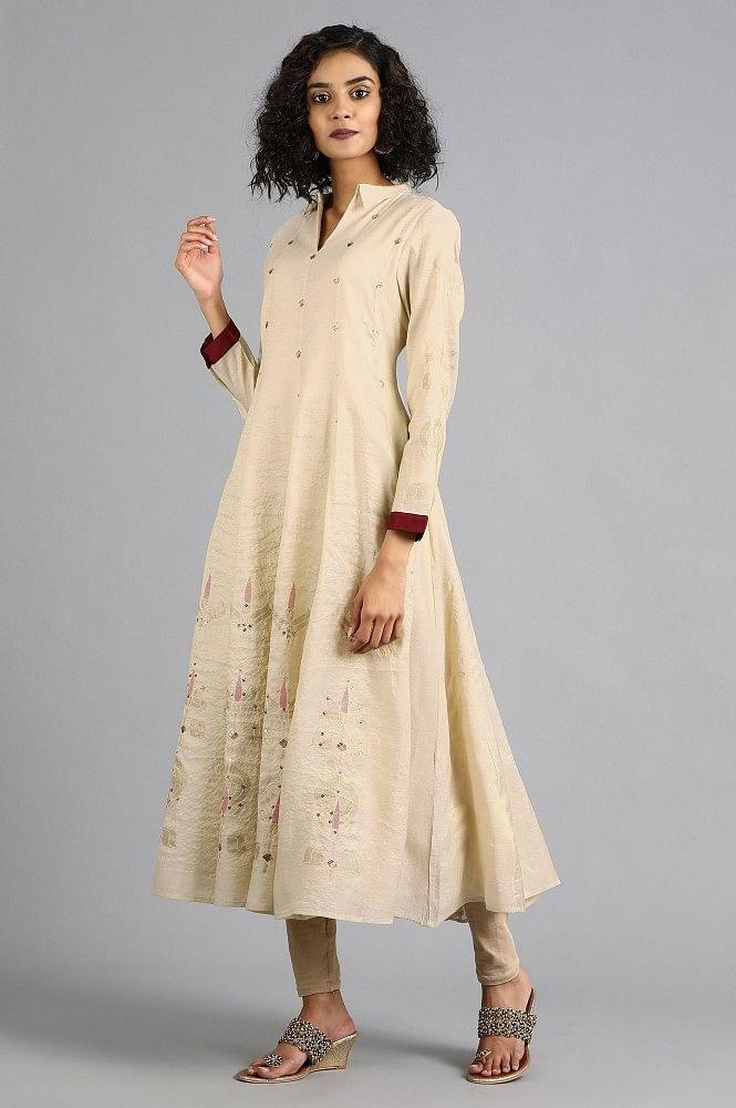 Ecru Shirt Collar Printed kurta Dress - wforwoman