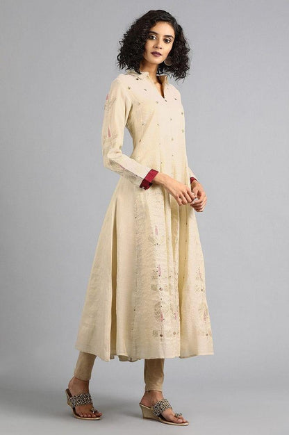 Ecru Shirt Collar Printed kurta Dress - wforwoman