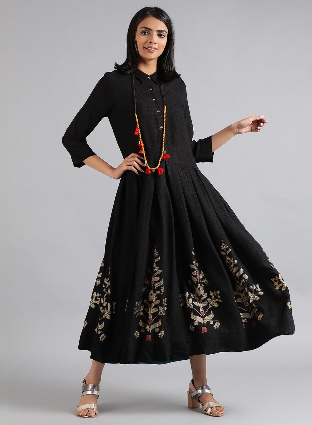 Black Mandarin Neck Foil Print kurta - wforwoman