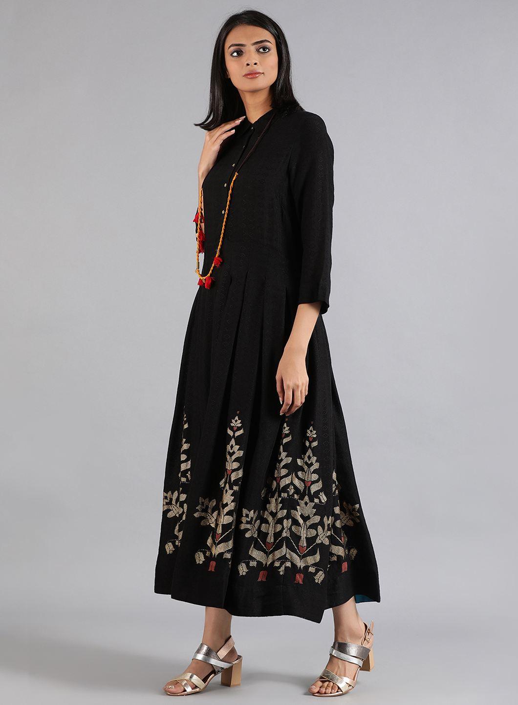 Black Mandarin Neck Foil Print kurta - wforwoman