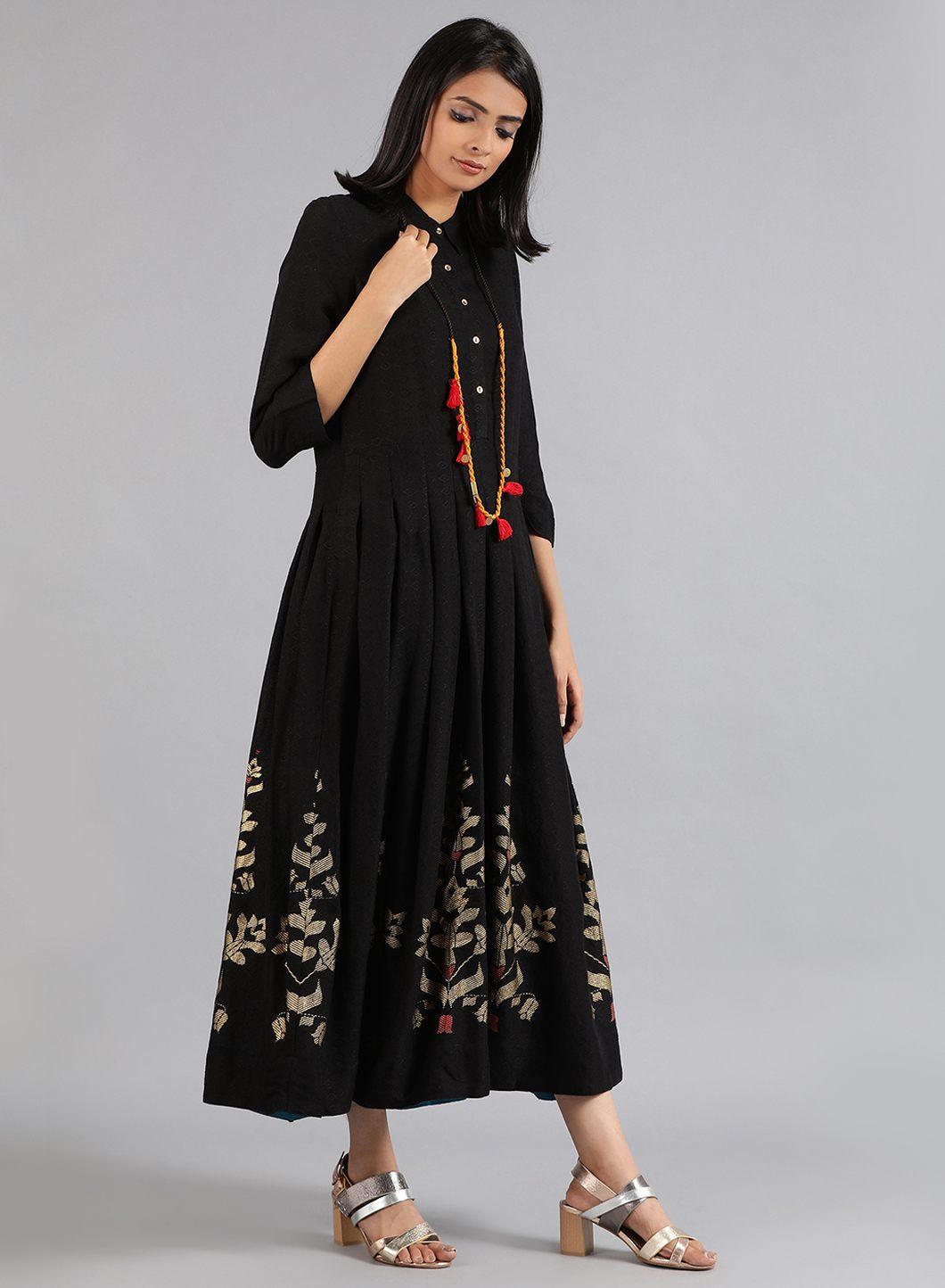 Black Mandarin Neck Foil Print kurta - wforwoman